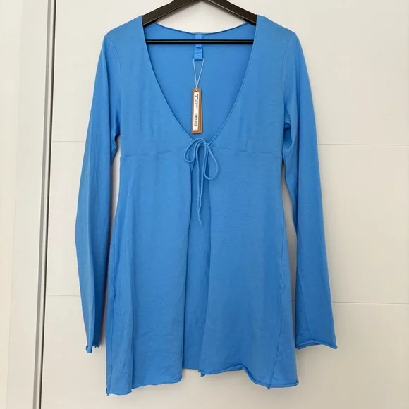 Skims Rare Cotton Jersey Swim Cover-Up Tie Front Long Sleeve Top NWT in Tide - Picture 6 of 10